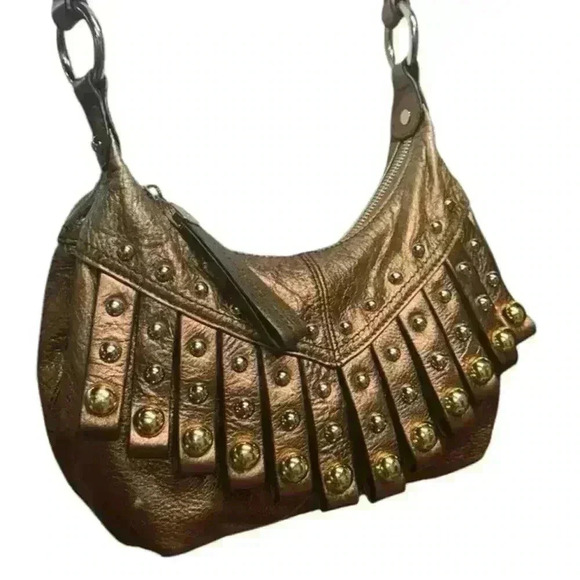 B Macowski Copper Pebble Leather Fringe Studded adjustable Crossbody Boho Bag - Picture 6 of 13